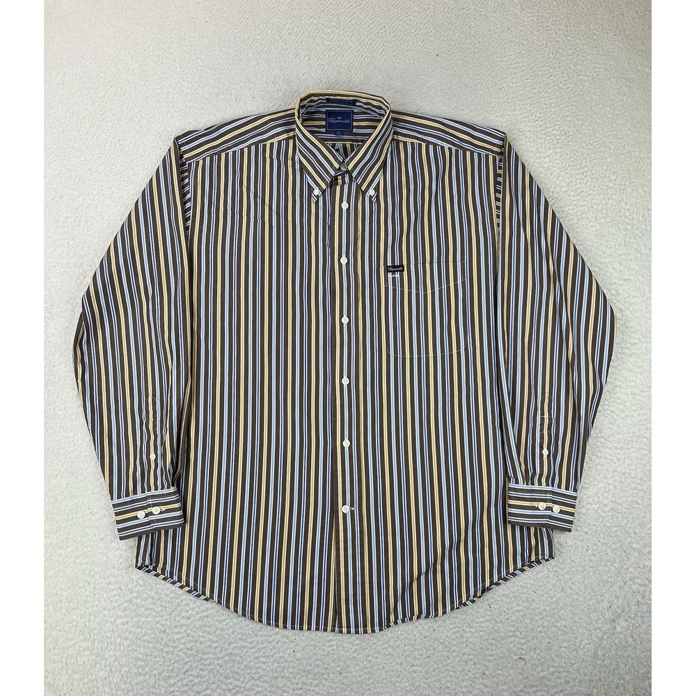 Faconnable Shirt Mens Large Brown Striped Button Up Long Sleeve Cotton Casual